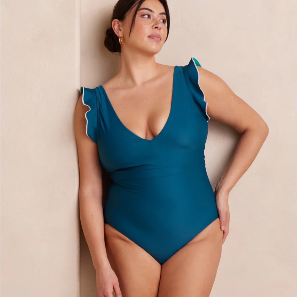 Summersalt Teal Back Flip Ruffle Sleeve One-Piece Swimsuit - 14